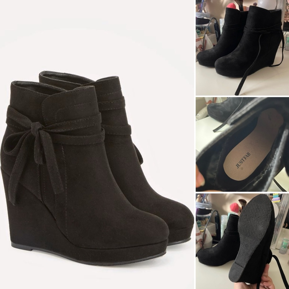 JustFab Izolda Black Faux Suede Bootie Platform Wedges Tie Accent Women’s 10